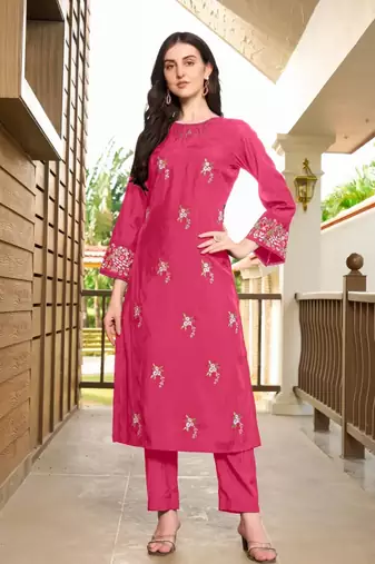 Pink hand embroidery art silk straight cut kurta & pants set