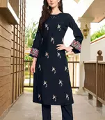 Navy-blue hand embroidery art silk straight cut kurta &