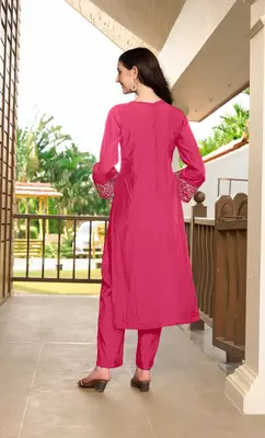 Pink hand embroidery art silk straight cut kurta & pants set 4