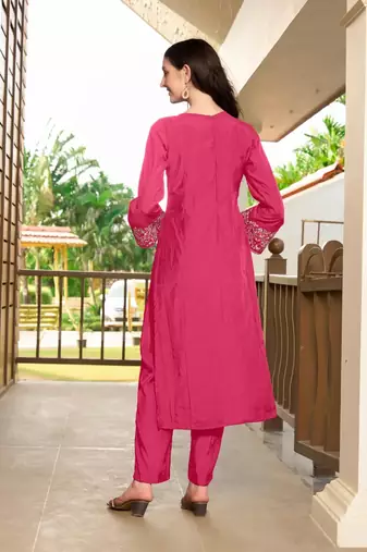 Pink hand embroidery art silk straight cut kurta & pants set