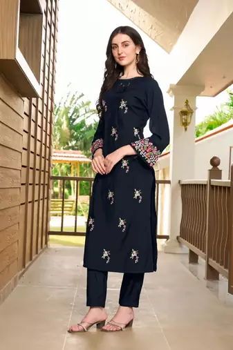 Navy-blue hand embroidery art silk straight cut kurta &