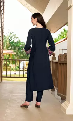 Navy-blue hand embroidery art silk straight cut kurta & 4