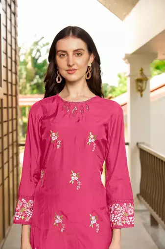 Pink hand embroidery art silk straight cut kurta & pants set