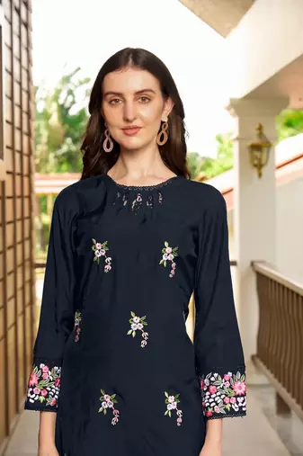 Navy-blue hand embroidery art silk straight cut kurta &