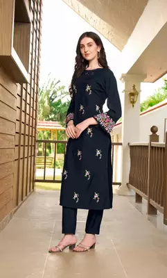 Navy-blue hand embroidery art silk straight cut kurta & pants set 1