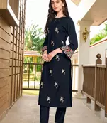 Navy-blue hand embroidery art silk straight cut kurta & pants set