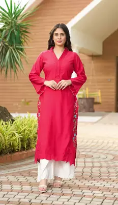 Pink hand embroidery art silk asymmetrical  kurta & 1