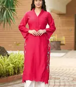 Pink hand embroidery art silk asymmetrical  kurta &