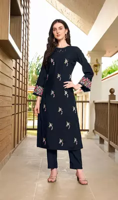 Navy-blue hand embroidery art silk straight cut kurta & pants set 3