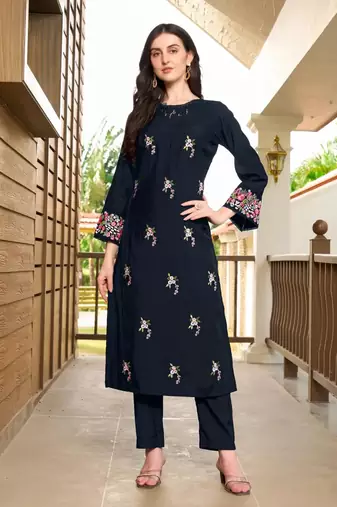 Navy-blue hand embroidery art silk straight cut kurta & pants set