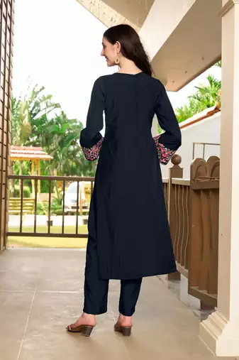 Navy-blue hand embroidery art silk straight cut kurta & pants set