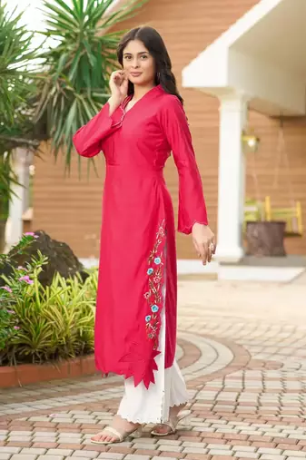 Pink hand embroidery art silk asymmetrical  kurta &
