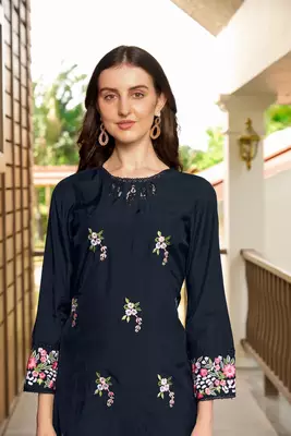 Navy-blue hand embroidery art silk straight cut kurta & pants set 5
