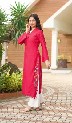 Pink hand embroidery art silk asymmetrical  kurta & culottes set 1