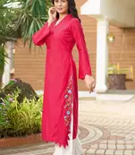 Pink hand embroidery art silk asymmetrical  kurta & culottes set