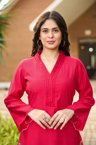 Pink hand embroidery art silk asymmetrical  kurta &