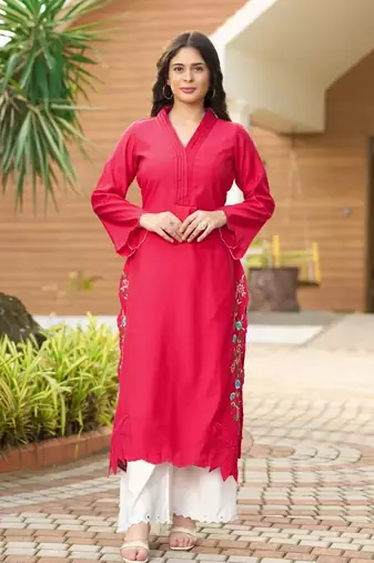 Pink hand embroidery art silk asymmetrical  kurta & culottes set