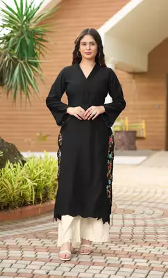 Black hand embroidery art silk asymmetrical  kurta & 1