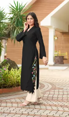 Black hand embroidery art silk asymmetrical  kurta & 3