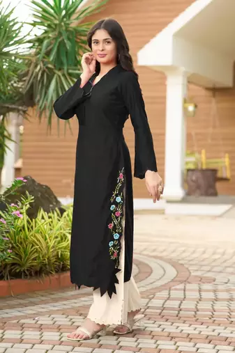 Black hand embroidery art silk asymmetrical  kurta &