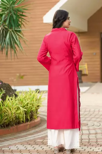 Pink hand embroidery art silk asymmetrical  kurta & culottes set