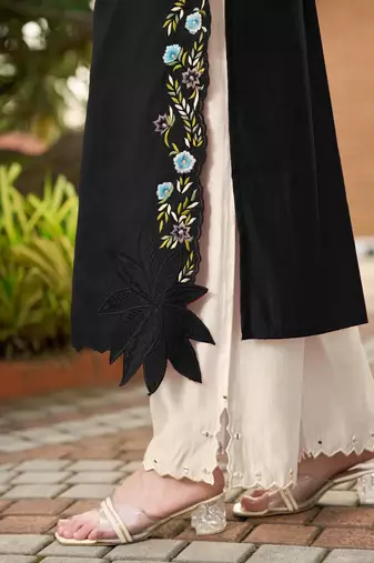 Black hand embroidery art silk asymmetrical  kurta &