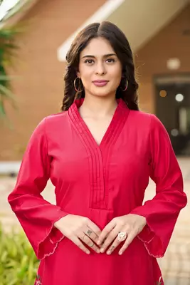 Pink hand embroidery art silk asymmetrical  kurta & culottes set 6