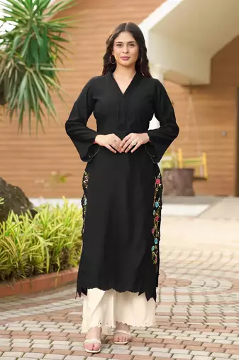 Black hand embroidery art silk asymmetrical  kurta & culottes set