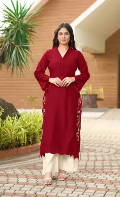 Maroon hand embroidery art silk asymmetrical  kurta & 1
