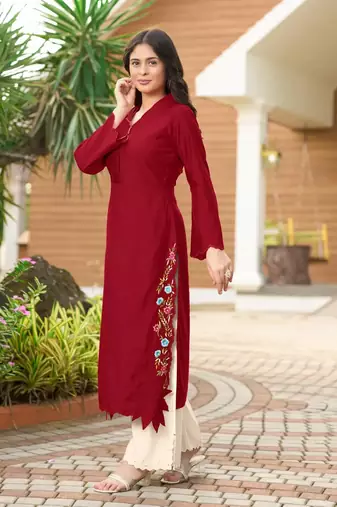 Maroon hand embroidery art silk asymmetrical  kurta &