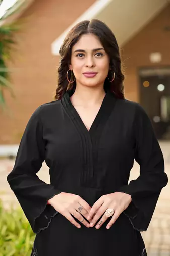 Black hand embroidery art silk asymmetrical  kurta & culottes set