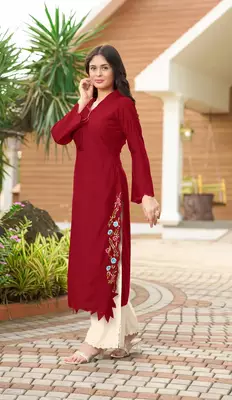 Maroon hand embroidery art silk asymmetrical  kurta & culottes set 1