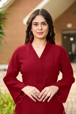 Maroon hand embroidery art silk asymmetrical  kurta & 6