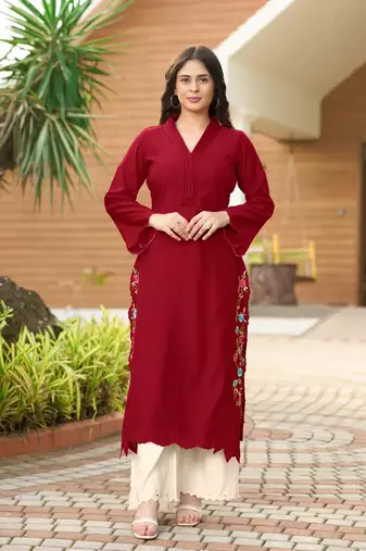 Maroon hand embroidery art silk asymmetrical  kurta & culottes set