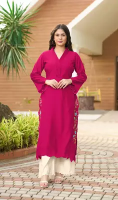 Dark-pink hand embroidery art silk asymmetrical  kurta & 1