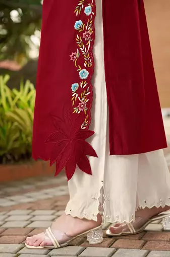 Maroon hand embroidery art silk asymmetrical  kurta & culottes set