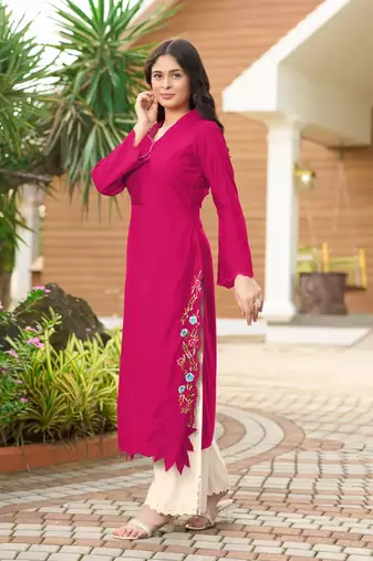 Dark-pink hand embroidery art silk asymmetrical  kurta &
