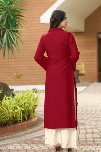 Maroon hand embroidery art silk asymmetrical  kurta & culottes set