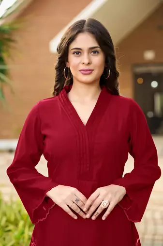 Maroon hand embroidery art silk asymmetrical  kurta & culottes set