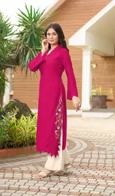 Dark-pink hand embroidery art silk asymmetrical  kurta & culottes set 1