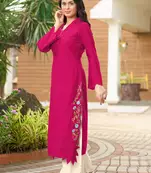 Dark-pink hand embroidery art silk asymmetrical  kurta & culottes set