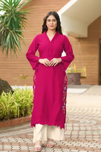 Dark-pink hand embroidery art silk asymmetrical  kurta & culottes set