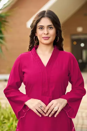 Dark-pink hand embroidery art silk asymmetrical  kurta &