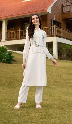 Off-white hand embroidery art silk straight cut kurta & 1