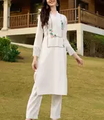 Off-white hand embroidery art silk straight cut kurta &