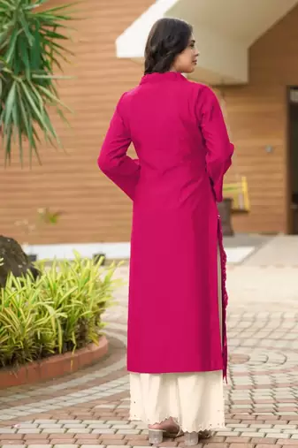 Dark-pink hand embroidery art silk asymmetrical  kurta & culottes set