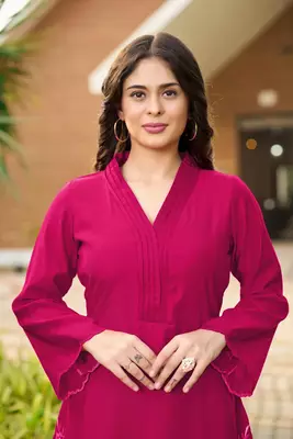 Dark-pink hand embroidery art silk asymmetrical  kurta & culottes set 6