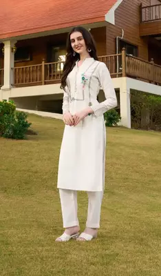 Off-white hand embroidery art silk straight cut kurta & pants set 3