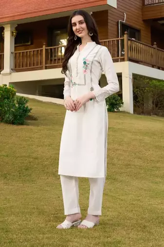 Off-white hand embroidery art silk straight cut kurta & pants set