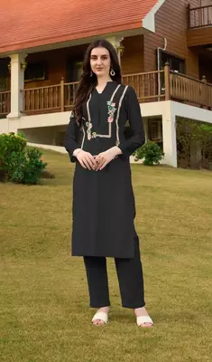 Black hand embroidery art silk straight cut kurta & 1